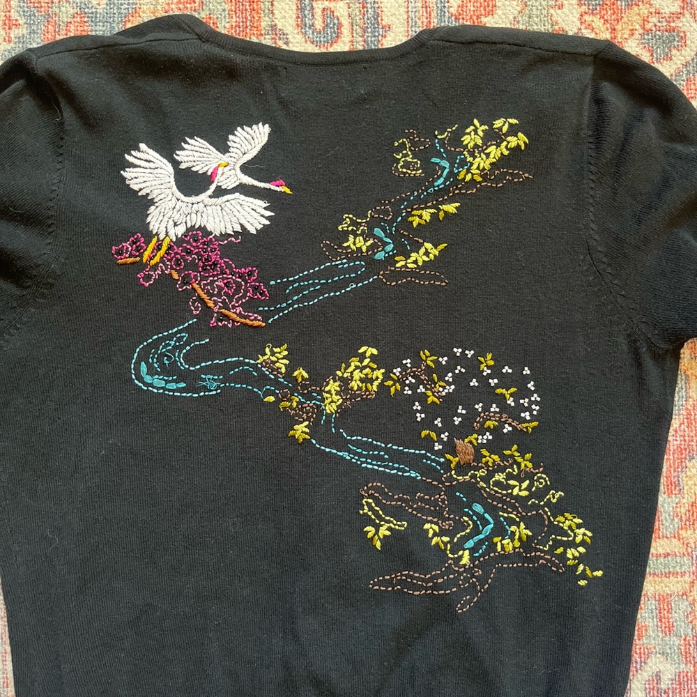 Lord & Taylor RARE Hand-Embroidered + Beaded Button Cardigan, Cranes Birds Scene